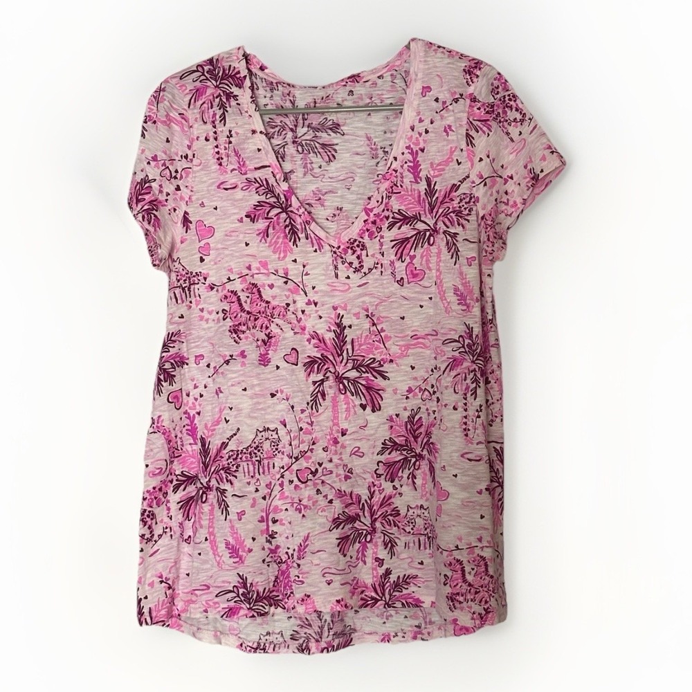 Lilly Pulitzer V Neck‎ Knit Top Womens Medium Pink Heart Floral Valentine Resort
